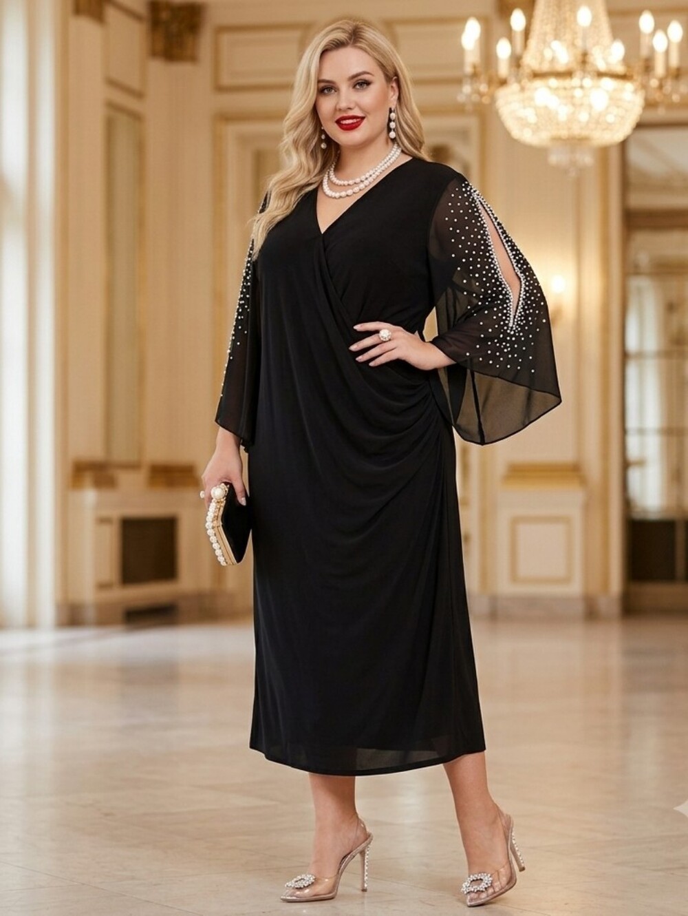 Roz & Ali🖤PEARL Embelished Open Sleeve Black Dress Size L/XL